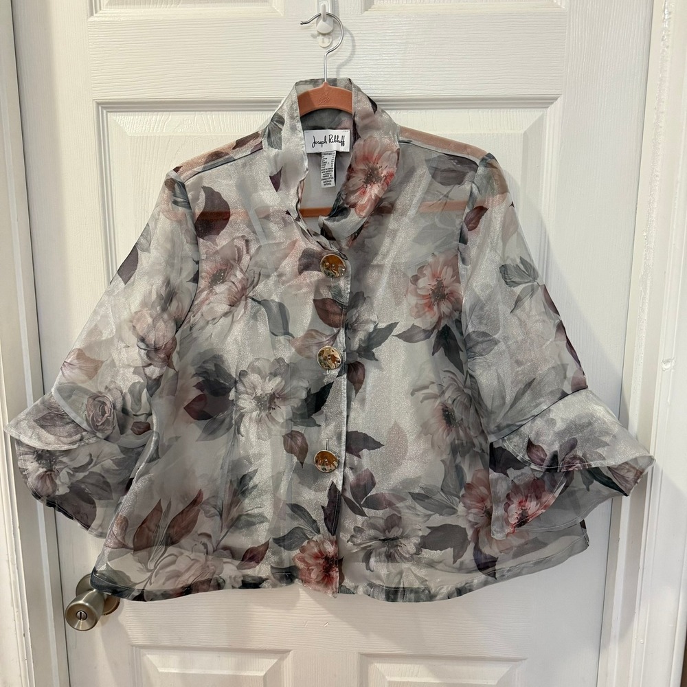 Joseph Ribkoff Women's Size 10 Sheer Purple Silver Floral Chiffon Jacket Elegant